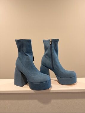 Denim Platform Ankle Boots with Chunky Heel